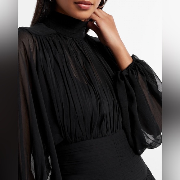 Express Mock Neck Long Sleeve Pleated Waist Tiered Ruffle Mini Dress - Picture 3 of 6